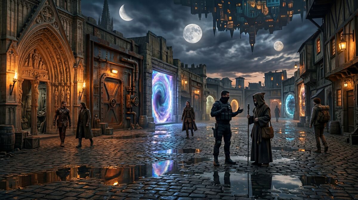 The Nexus — mismatched doorways, impossible sky, just another evening